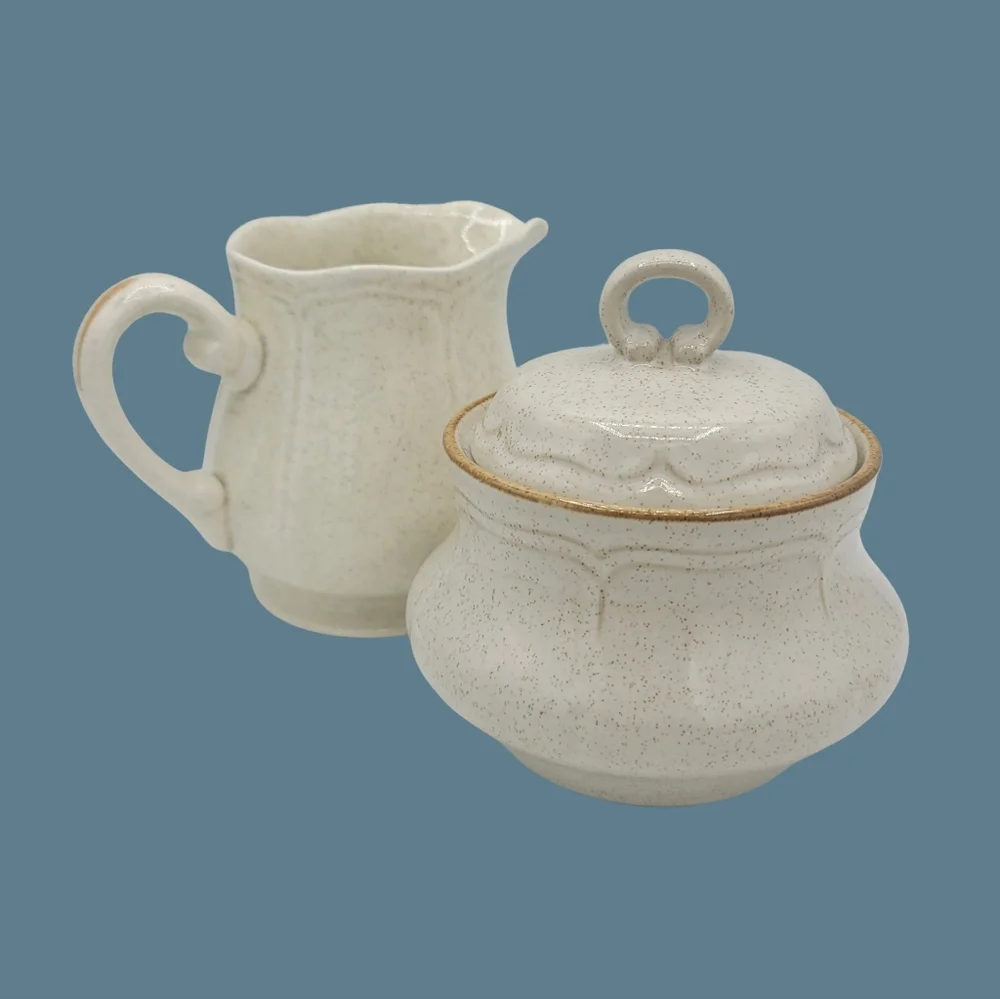 Ironstone Japan Creamer + Hearthside Baroque Sugar Bowl Speckled 70s Tableware